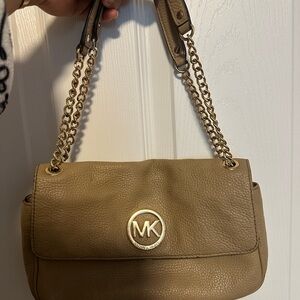 Michael Kors Brown Leather Shoulder Bag with Gold Chain